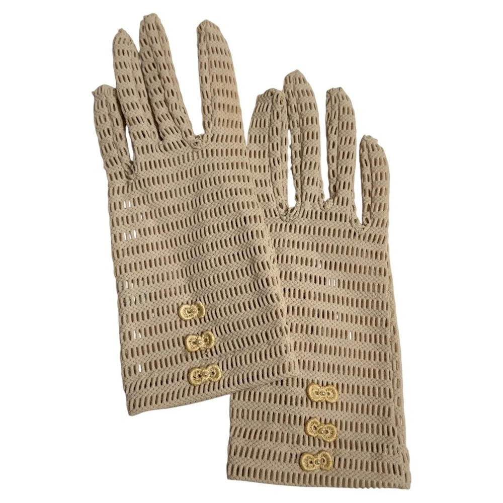 Van Raalte Womens Vintage Perforated Mesh Gloves Embroidered Bows & Mini Pearls